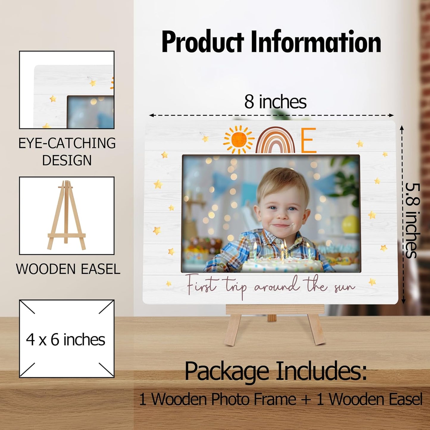 My 1st Birthday Picture Frames, Boho Rainbow Wooden 4x6 Photo Frame with Easel, Baby First Year Birthday Gifts for Home Office Tabletop Display Decorations - G07