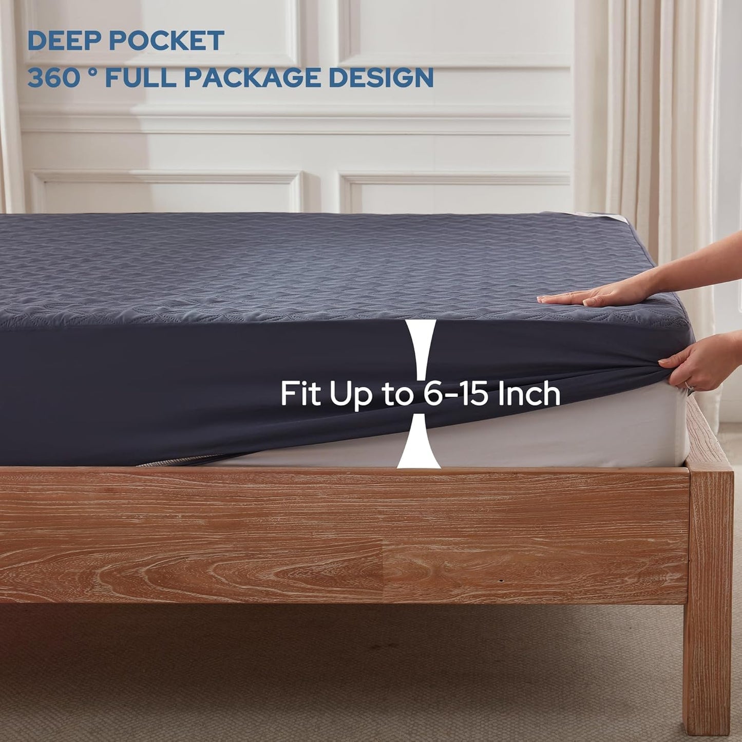2 Pack Waterproof Mattress Protector, Twin Size Mattress Pad Noiseless with Deep Pocket Fitted for 6"-15", Breathable Dirt-Proof Single Bed Mattress Cover for Bedroom, Dorm Room (Navy Blue)