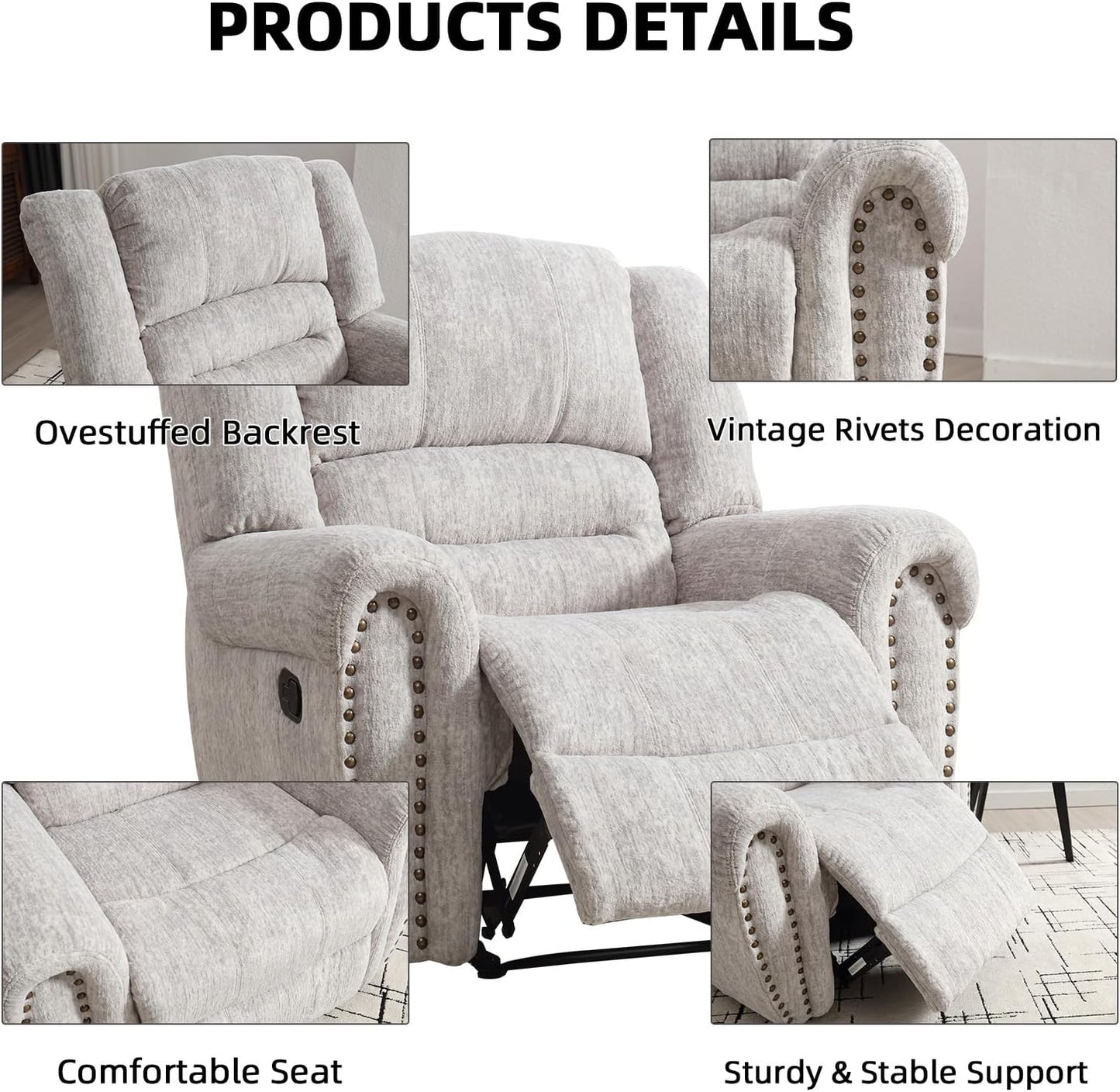 CANMOV Manual Recliner Chair, Classic and Traditional Manual Recliner Chair with Comfortable Arms and Back Single Sofa for Living Room, White Grey