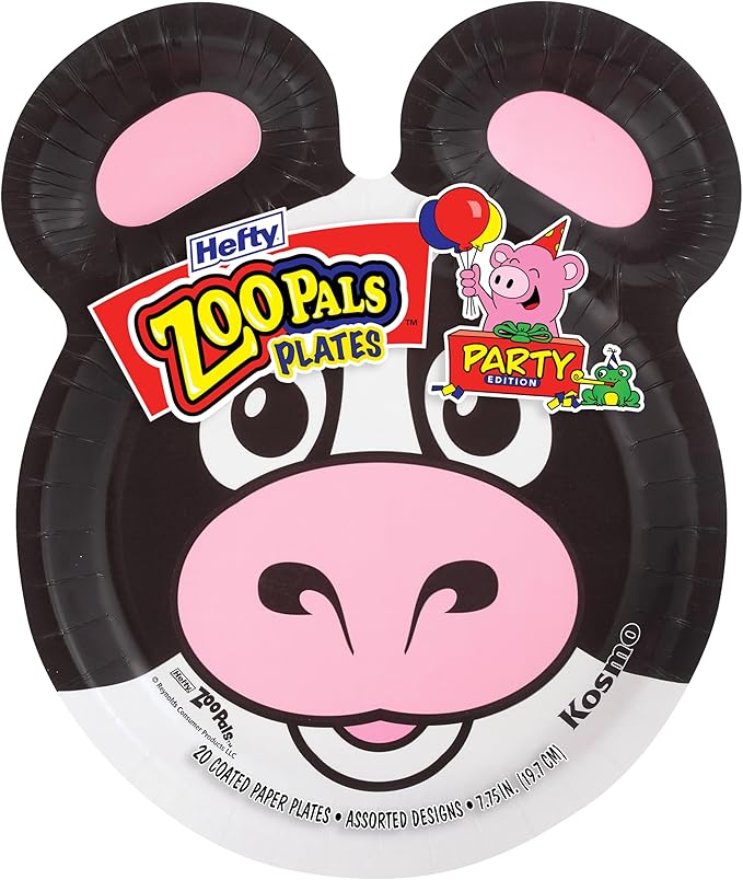 Hefty Zoo Pals Party Edition Paper Plates for Kids, Assorted Animal Designs, 7.75 Inches with Two Dipping Compartments, Multi-Color, 20 Count