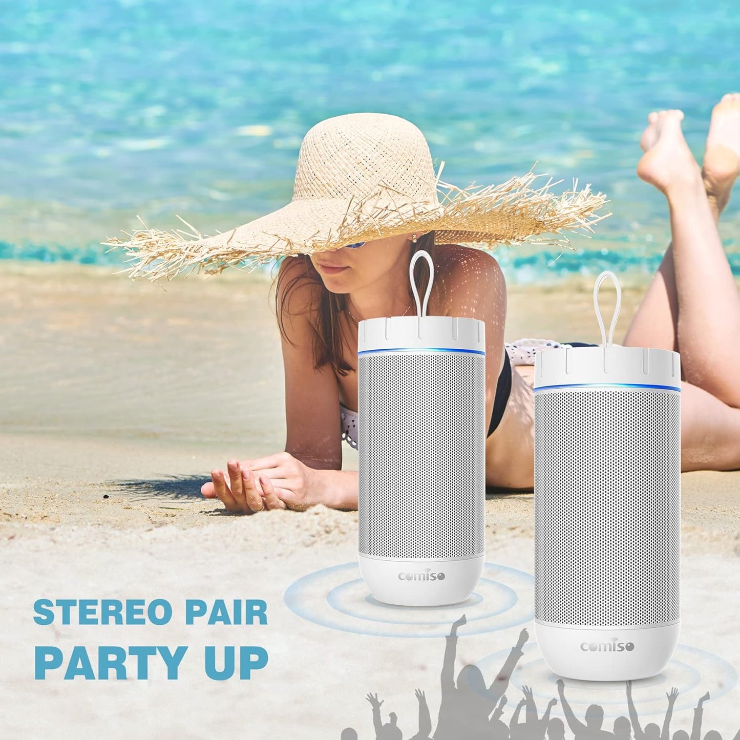 comiso X26 Bluetooth Speaker, IPX4 Waterproof Speakers 360° HD Surround Sound with Punchy Bass, Wireless Dual Pairing, 24H Playtime, Portable Speaker for Shower, Home, Outdoor, Camping, Beach-White