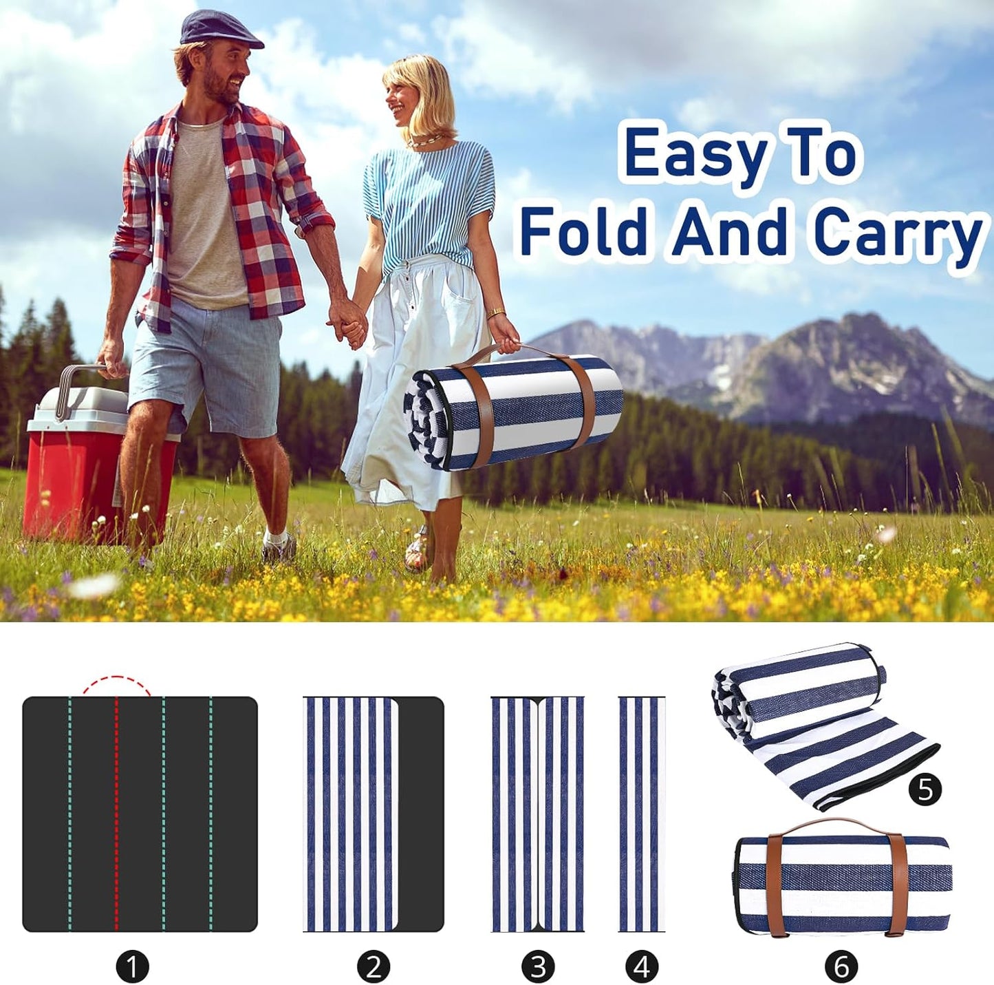 Striped Picnic Blankets 80” x 80” Extra Large Waterproof and Foldable Beach Blanket, Oversized Blue and White Outdoor Blanket for Camping, Travel, Park, Grass, Patio (Blue & White, 80" x 80")
