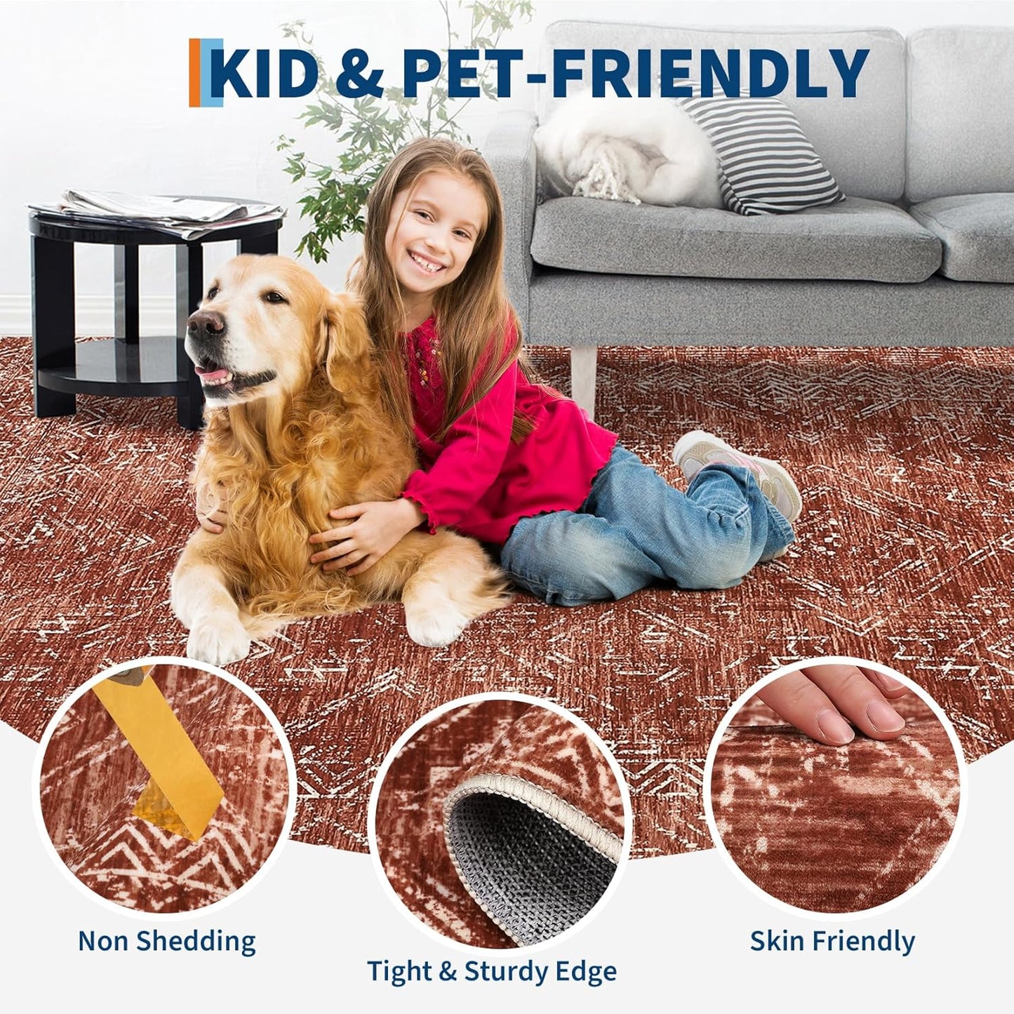 COZYLOOM 10x13 Area Rug Modern Indoor Area Rug Machine-Washable for Living Room or Bedroom Softness Foldable Mat for Easy Storage Geometric Design Non Slip Rug Stain Resistant Carpet, Brick Red