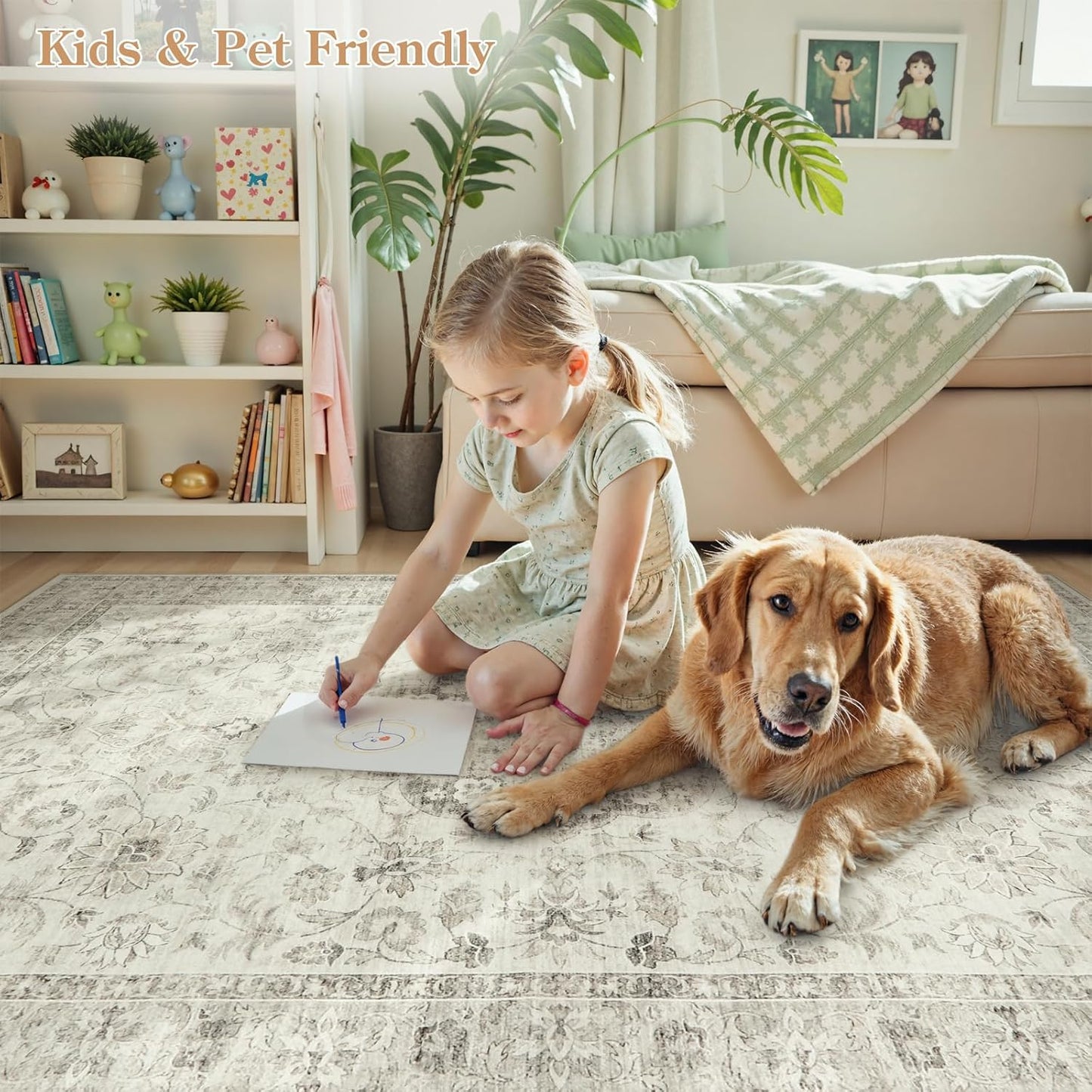 LIVEBOX Washable Area Rug 9x12 Rugs for Living Room Bedroom, Non-Slip Boho Indoor Carpet for Dining Room Office, Low-Pile Farmhouse Soft Carpets for Kids Nursery Room Playroom, Taupe