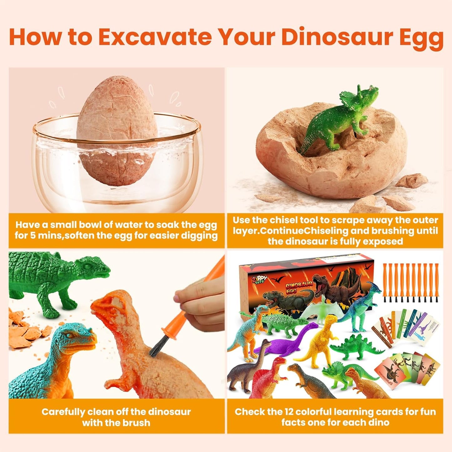 Dino Eggs Excavation Dig Kit-12 Unique Dinosaur Eggs with Educational Learning Cards -Easter Eggs STEM Science Activities - Educational Toy Gift for Kids Boys Girls Age 3+