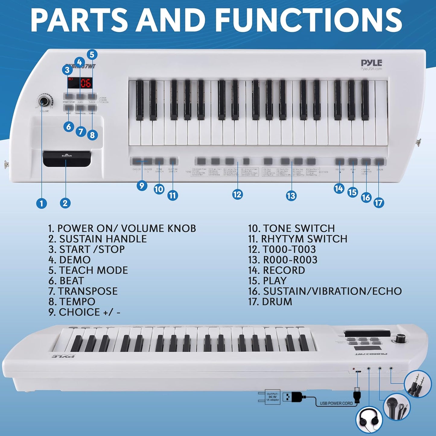 PYLE Electric Piano, 37 Keys Electric Keyboard Piano, Music Keyboard - Built-in Stereo Speakers, Rechargeable Battery, Wired Microphone, Portable Design, 200 Tones, 200 Rhythms, 50 Demos Included