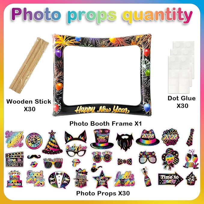 2026 New Year Photo Booth Inflatable Frame Kit, 30Pcs Fluorescent Color New Years Photo Booth Props with Inflatable Picture Frame for New Year Eve Party Selfie Props Supplies