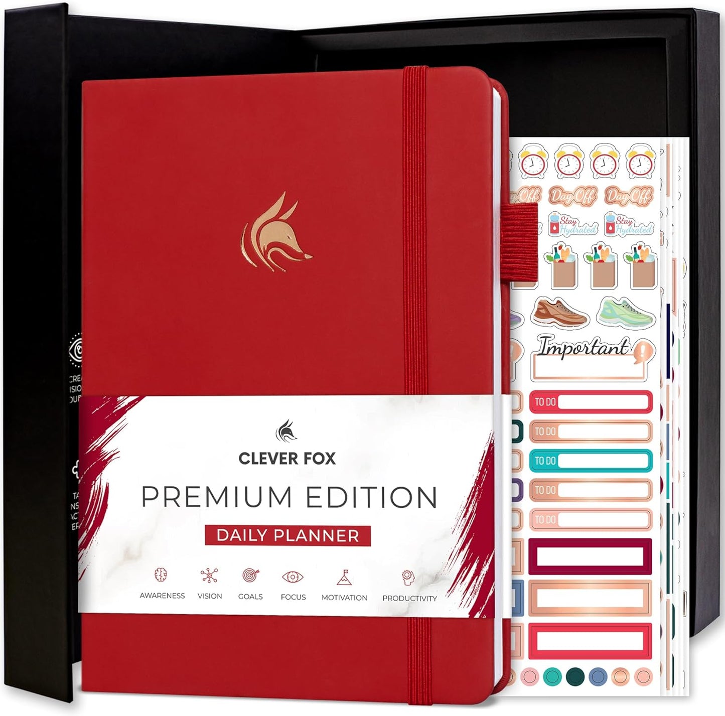 Clever Fox Planner Daily Premium – Undated Daily Planner with Hourly Schedule, Personal Organizer, Productivity Journal, 6 Months (Red)