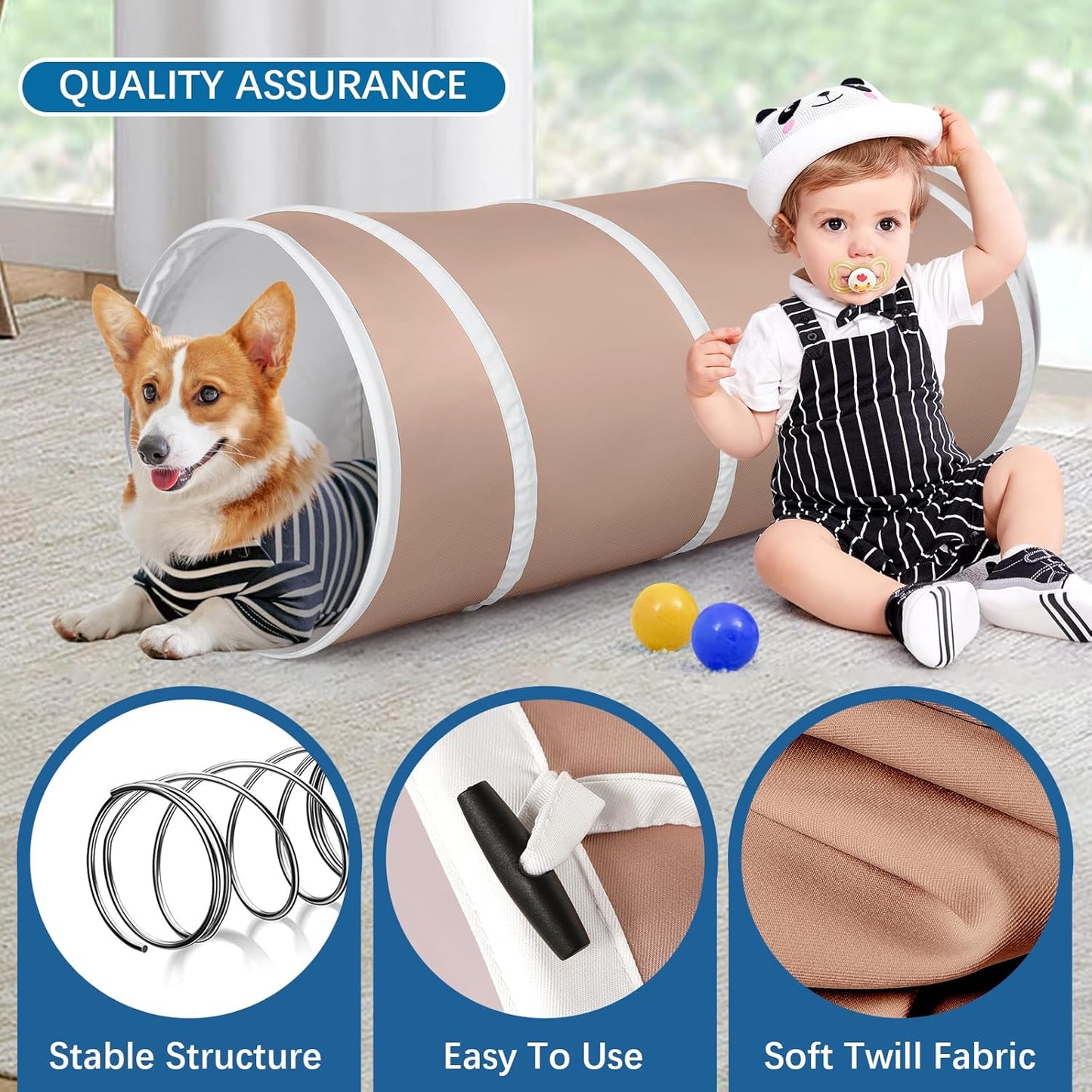 Kids Play Tunnel Tent for Toddlers, Pop Up Crawl Tunnel Toy for Baby or Pet with Neutral Color, Collapsible Gift for Boy and Girl Play Tunnel Indoor and Outdoor Game (Brown Tunnel)