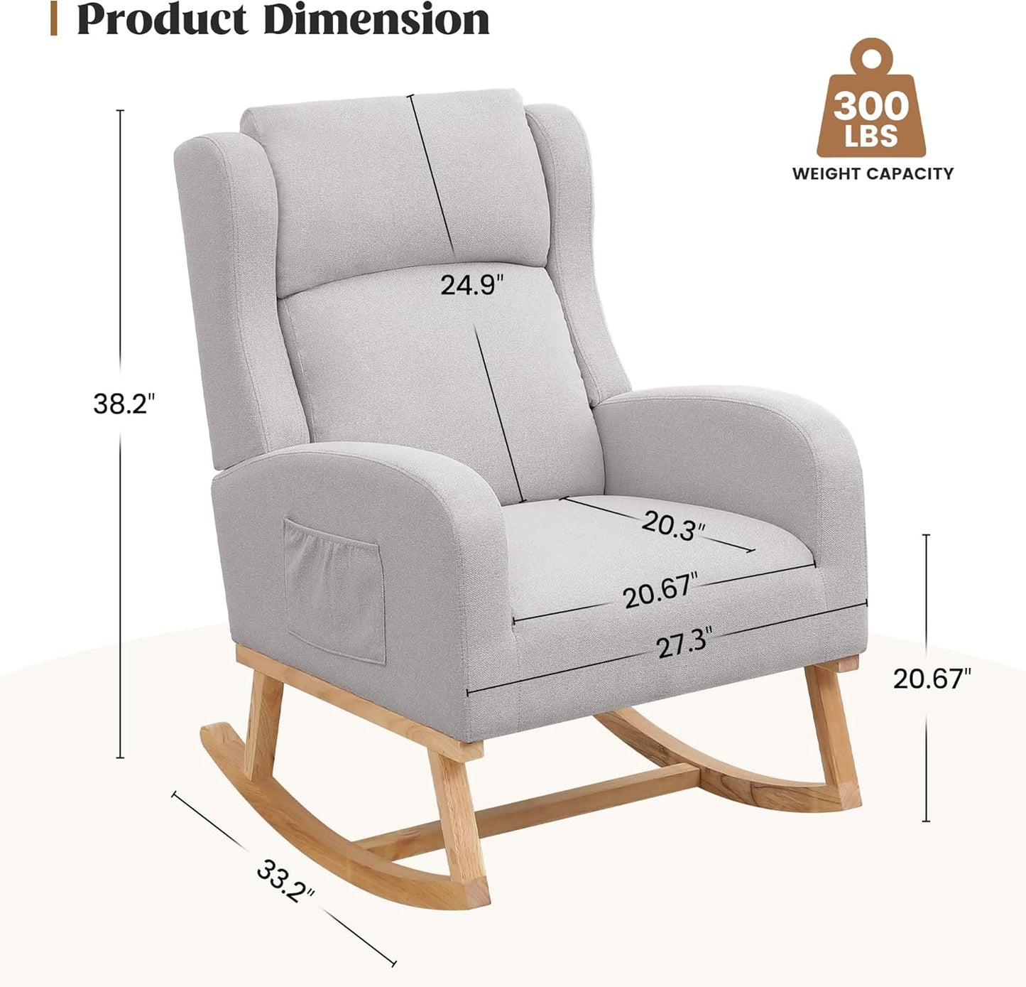 Rocking Chair Nursery, Nursing Rocking Chairs for Mom Nursery, Comfy Wingback Glider Rocking Armchair with Side Pocket for Nursery Living Room Bedroom, Light Grey