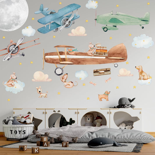 Airplane Wall Decals by Lipastick - 47-Piece Watercolor Vintage Plane Stickers for Kids, Boys Room, Baby Nursery, Toddler Bedroom Decor - Premium Vinyl Aircraft Art - L Size