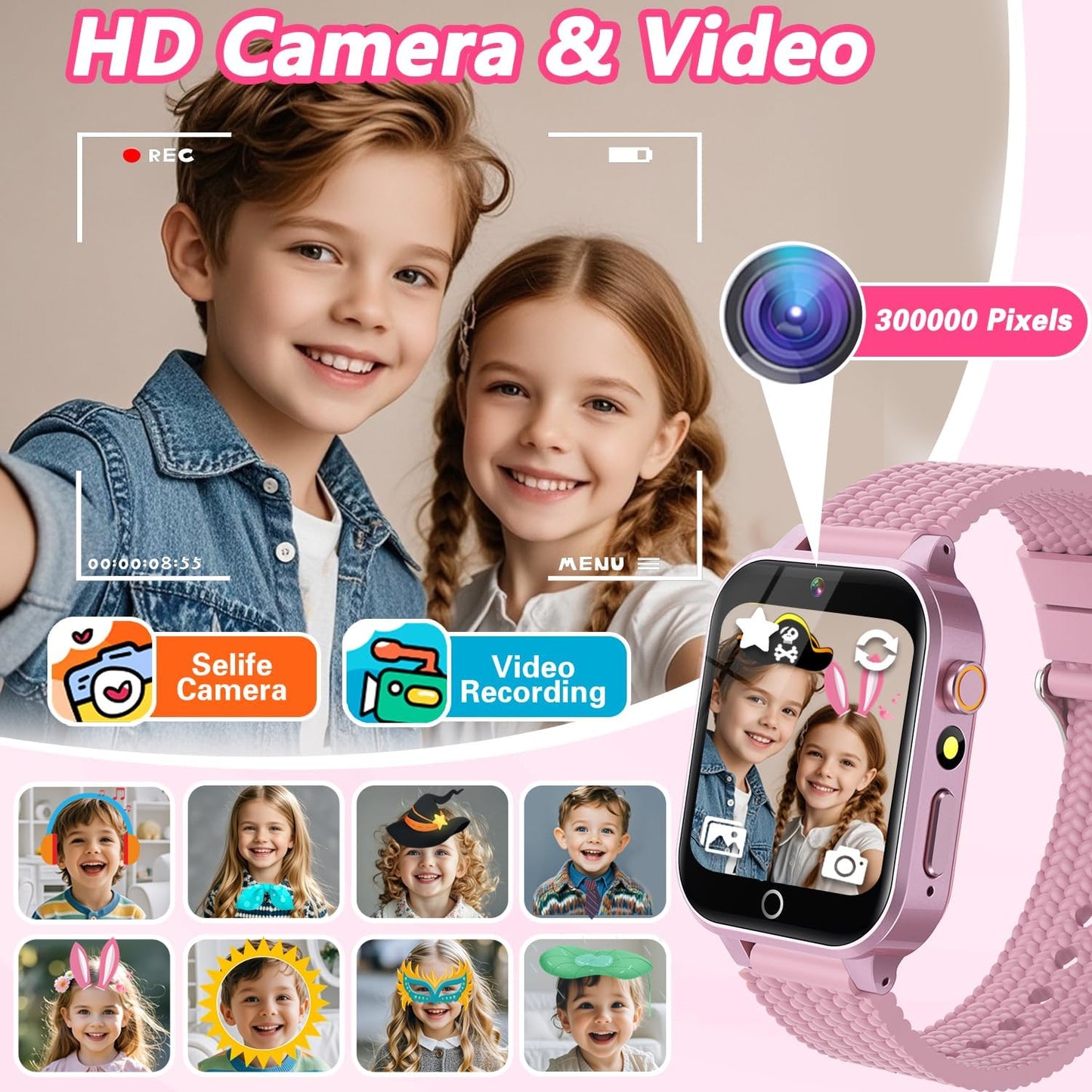 Smart Watch for Kids Girl Gift Ages 3-12, 2 Screen Protector, 26 Puzzle Games, HD Camera Video Music Player Touchscreen Pedometer, Educationtal Toy Brithday Gifts for Girl Ages 4 5 6 7 8 9 10(Pink)