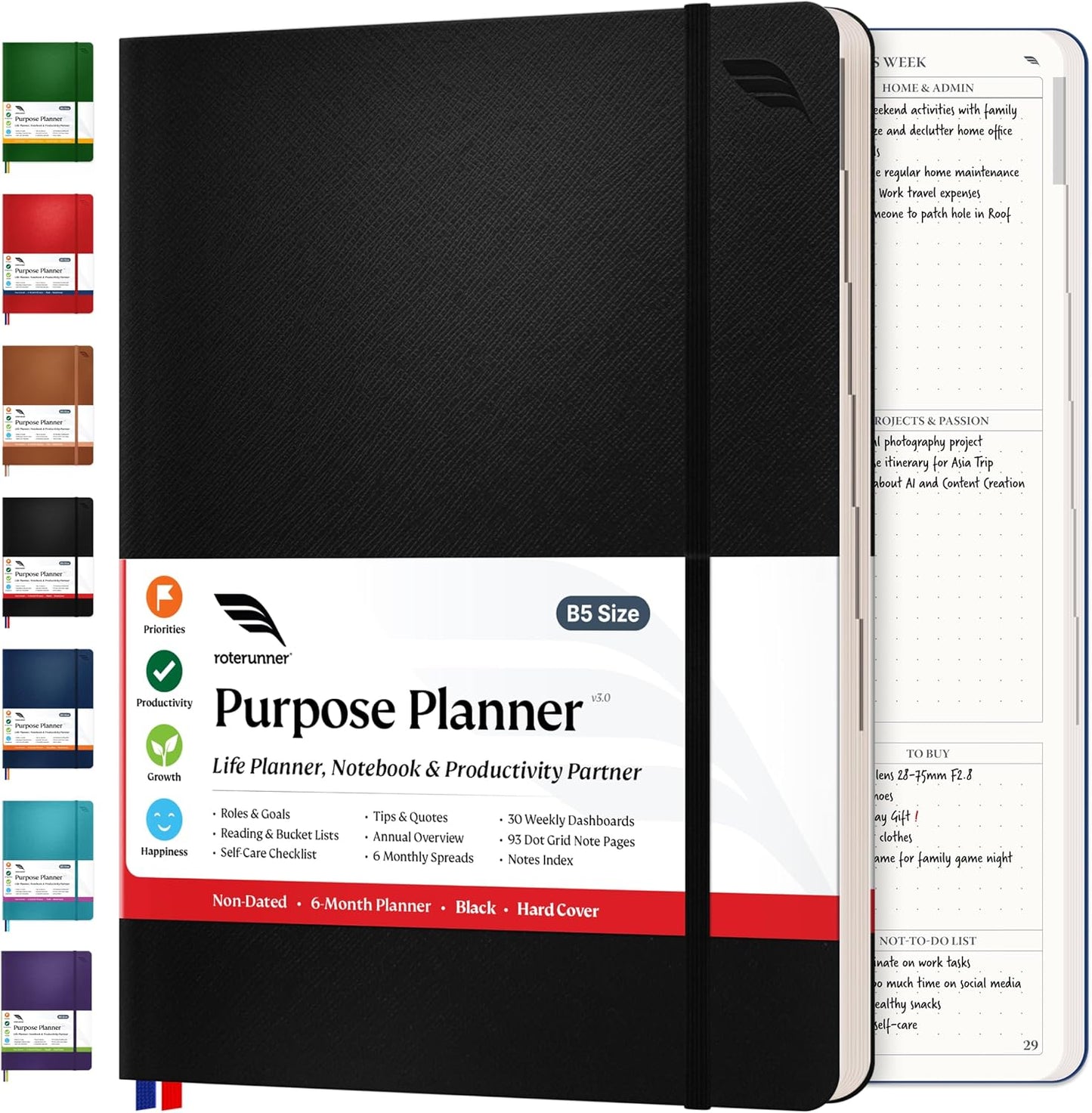 Roterunner Purpose Planner Notebook B5 7.5”x9.8” Undated 2025 Daily Weekly and Monthly Productivity Goal Setting Tool for Work Home ADHD for Adults Self Care Journal