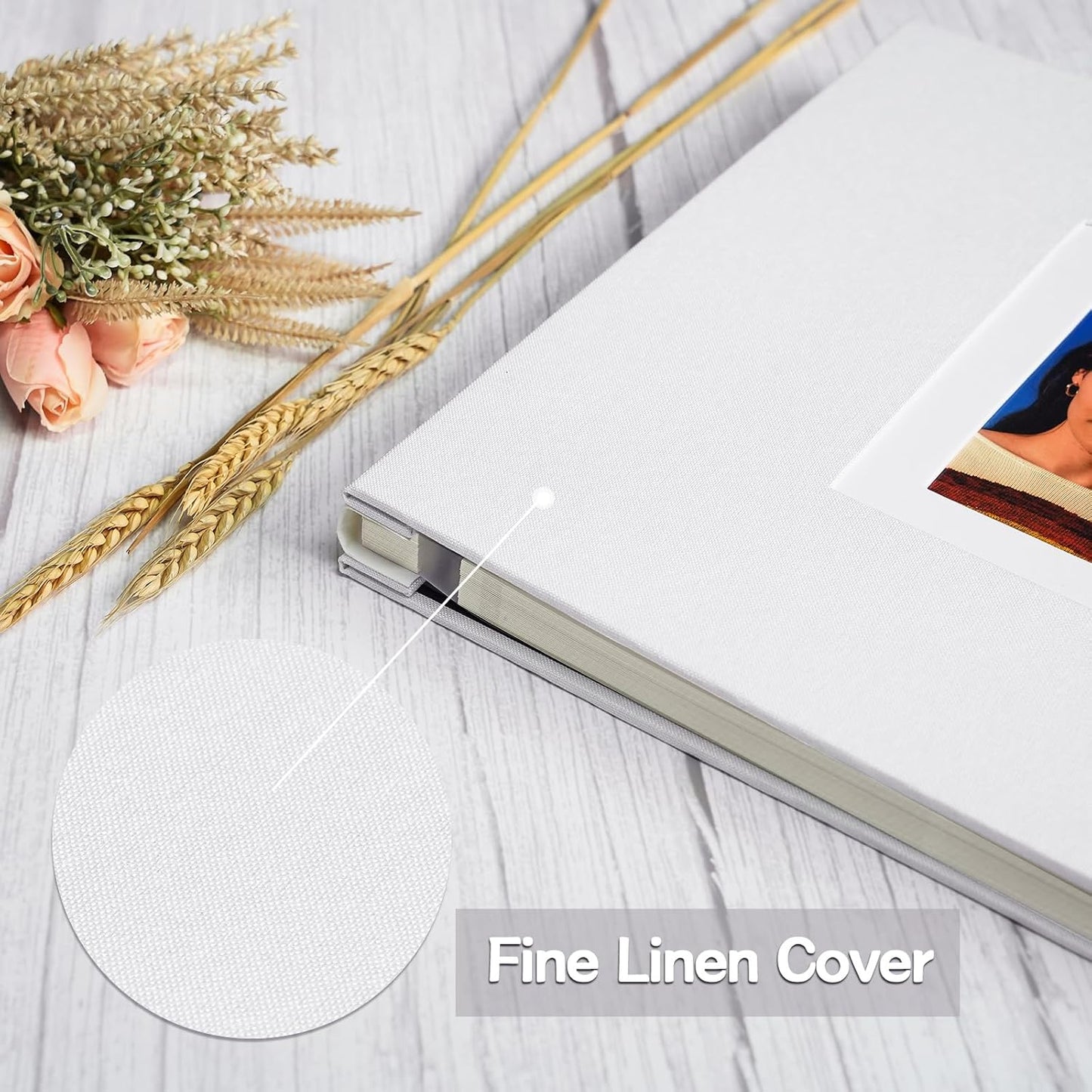 Vienrose Photo Album Self Adhesive for 2x3 4x6 5x7 8x10 Pictures DIY Scrapbook 60 Blank Pages Linen Cover Memory Book for Wedding, Baby Growth, Travel, White