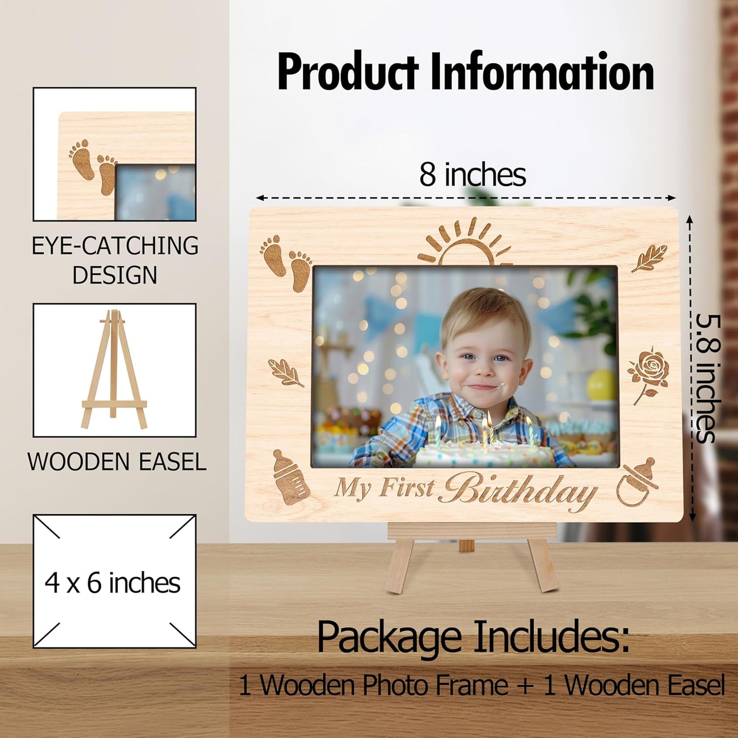 My 1st Birthday Picture Frames, Childhood Milestone Wooden 4x6 Photo Frame with Easel, Baby First Year Birthday Gifts for Home Office Tabletop Display - G08