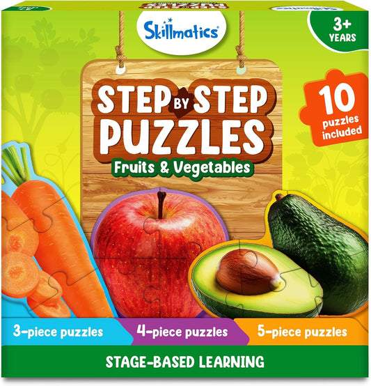 Skillmatics Step by Step Puzzles - 40 Piece Jigsaw & Toddler Puzzles, Montessori Educational Toy for Boys & Girls, Fruits and Vegetables, Travel Friendly, Gifts for Kids Ages 3, 4, 5 and Up