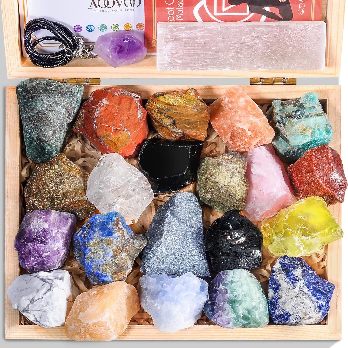 AOOVOO 31Pcs Real Crystals and Healing Stones with Crystal Necklace, Crystals for Beginners with Guide, 21 Real Healing Chakra Stones, Rose Quartz