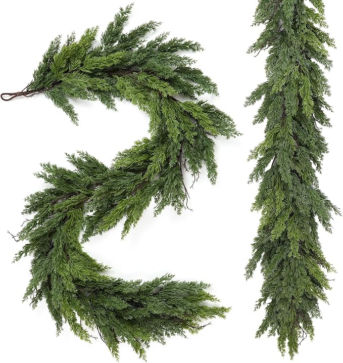 2PCS 6FT Artificial Christmas Garland, Real Touch Greenery Cypress Pine Garland for Mantle Table Railing Fireplace Indoor & Outdoor Christmas Decoration