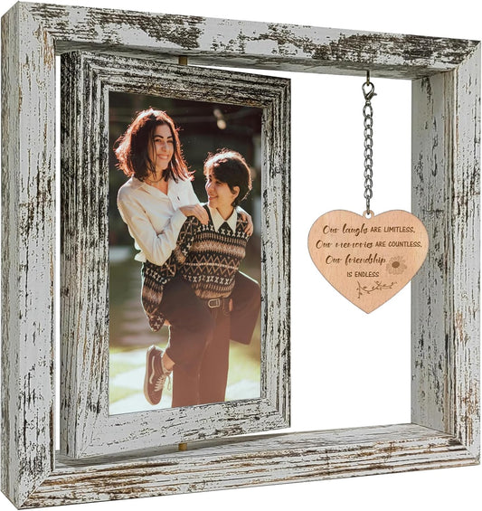Friendship Picture Frame – Best Friend Frame Gifts for Women – Wooden 4x6 Photo Frame Holds 2 Photos – Rotating Vintage Design with Real Glass – “Our Friendship is Endless” Quote – Gift Box Included