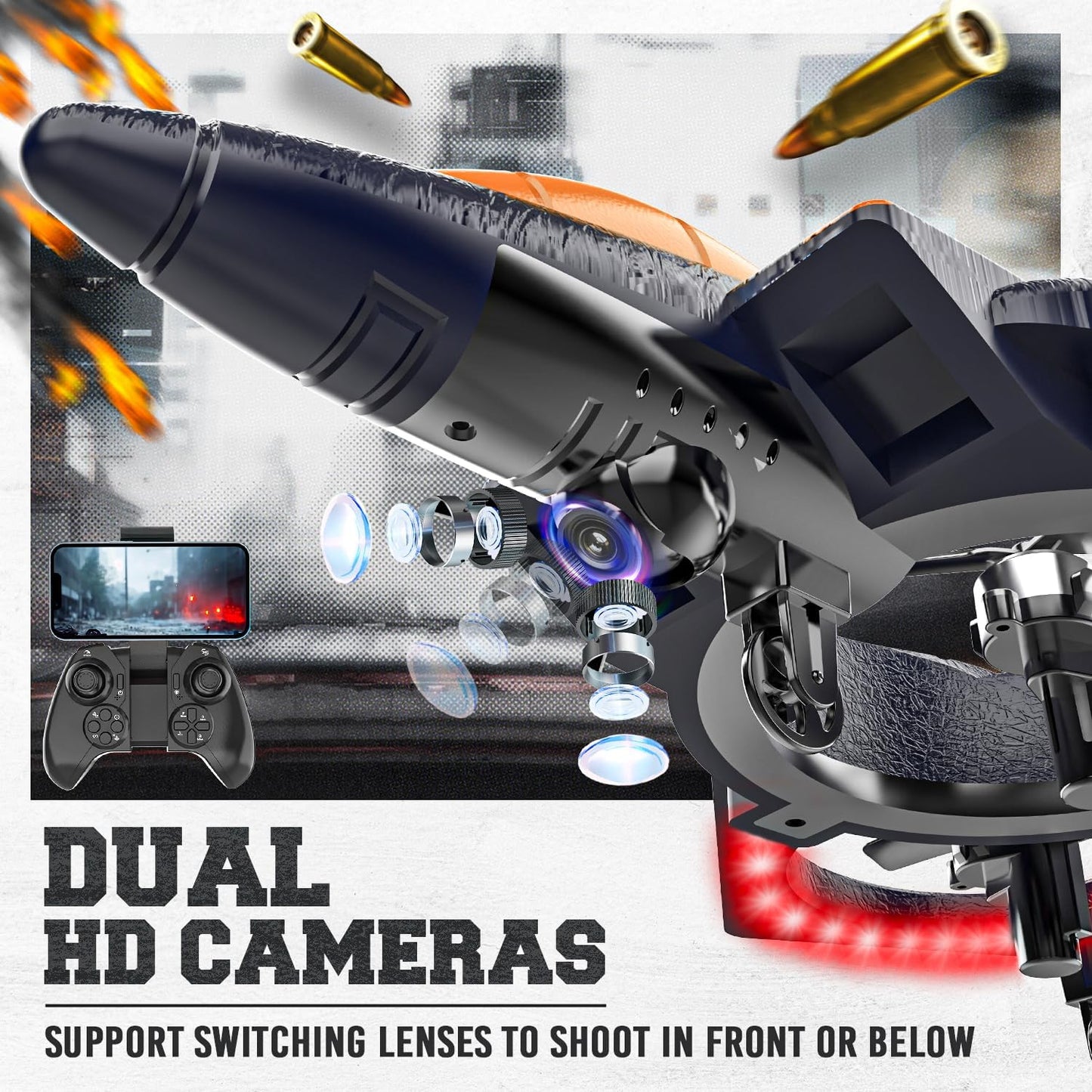 BEZGAR RC Plane for Kids | 2.4GHZ Brushless Drones with Camera, 6-axis Gyro Remote Control Airplane, 360° Flip Fighter Jet Toy, Toys for Ages 8+ with Colorful LED Navigation Lights Orange