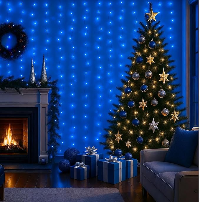 DomeStar 300 LED Fairy Curtain Lights, 9.8ft x 9.8ft Battery Operated with 8 Modes Remote Christmas Waterproof String Hanging Lights for Bedroom Patio Garden Party Wedding Wall Decor (Blue)
