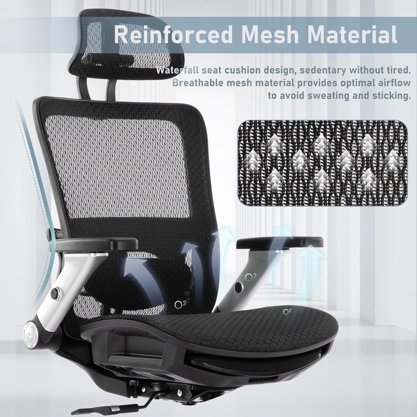 Ergonomic Mesh Office Chair with Footrest, High Back Executive Desk Chair with Adjustable Lumbar Support, Headrest and Tilt Lock, 4D Flip-up Arm-Black