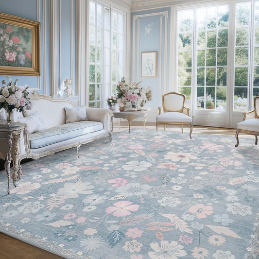 Blue Area Rugs 9x12 Living Room Floral Boho Vintage Machine Washable Area Rugs Stain Resistant Low Pile Cottage Core Carpet Rug for Bedroom Dining Room Classroom Playroom,Slate Blue