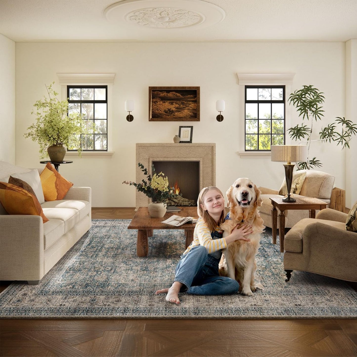 Area Rugs 10x14 Living Room: Washable Rugs for Bedroom Vintage Stain Resistant Non Slip Low Pile Large Boho Carpet for Kitchen Dining Room Farmhouse Kids Room Nursery