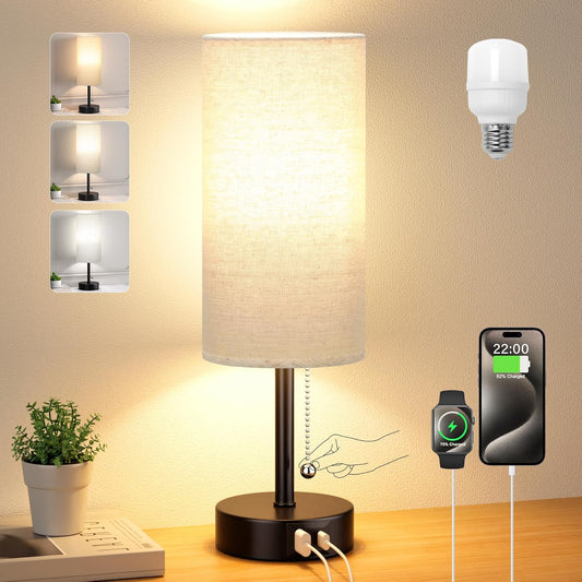Small Bedside Lamp for Bedroom Nightstand - Table Lamp with USB A + C Charging Port, 3 Color Temperatures Pull Chain Night Stand Light, Side Table Desk Reading Lamp for Living Room/Dorm Room