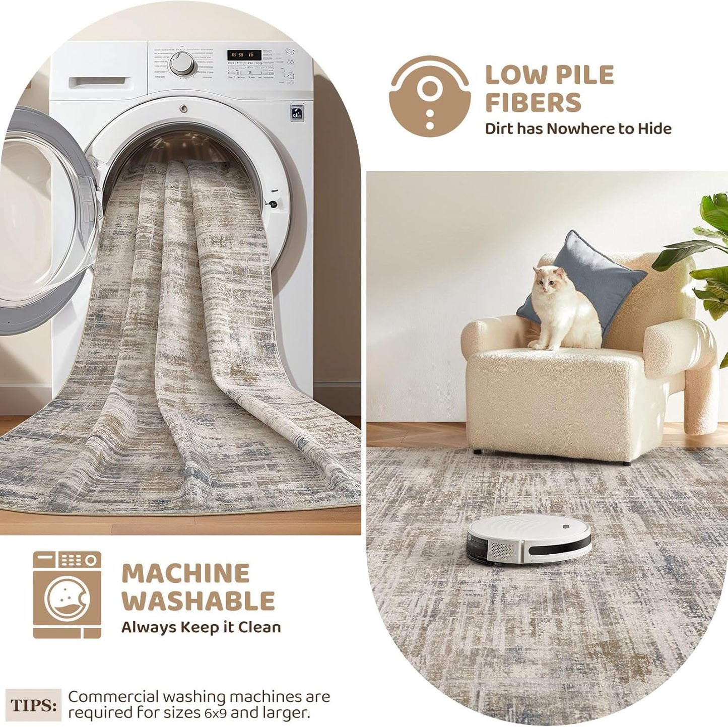 Area Rug for Living Room: 4x6 Washable Neutral Abstract Modern Soft Rugs Non Slip Indoor Floor Stain Resistant Carpet for Bedroom Dining Room Office Nursery - Brown