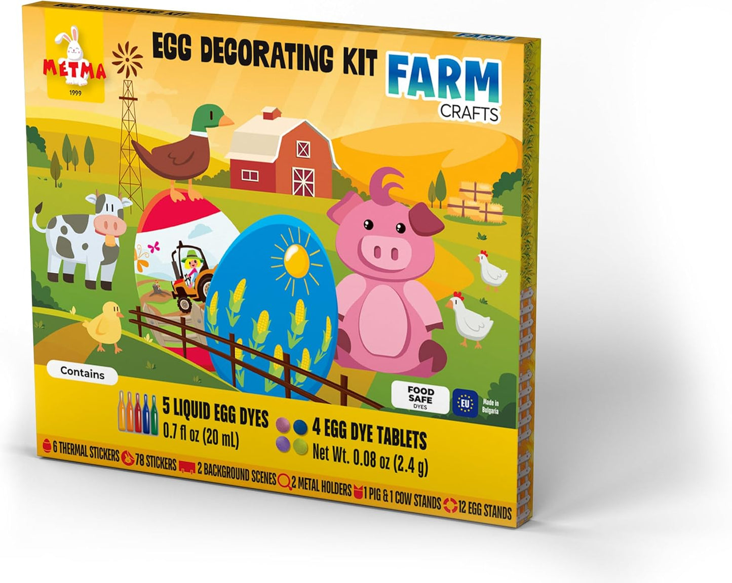 METMA 1999 Egg Decorating Kit Farm Crafts - Complete Decorative Eggs Set with Liquid Dyes, Tablets, Stickers, Egg Spinner and More - Fun Easter Egg Dye Kit Arts and Crafts for Kids (Farm Crafts)