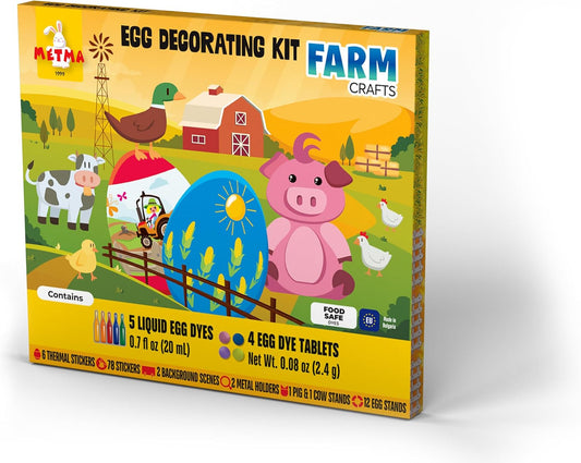 METMA 1999 Egg Decorating Kit Farm Crafts - Complete Decorative Eggs Set with Liquid Dyes, Tablets, Stickers, Egg Spinner and More - Fun Easter Egg Dye Kit Arts and Crafts for Kids (Farm Crafts)