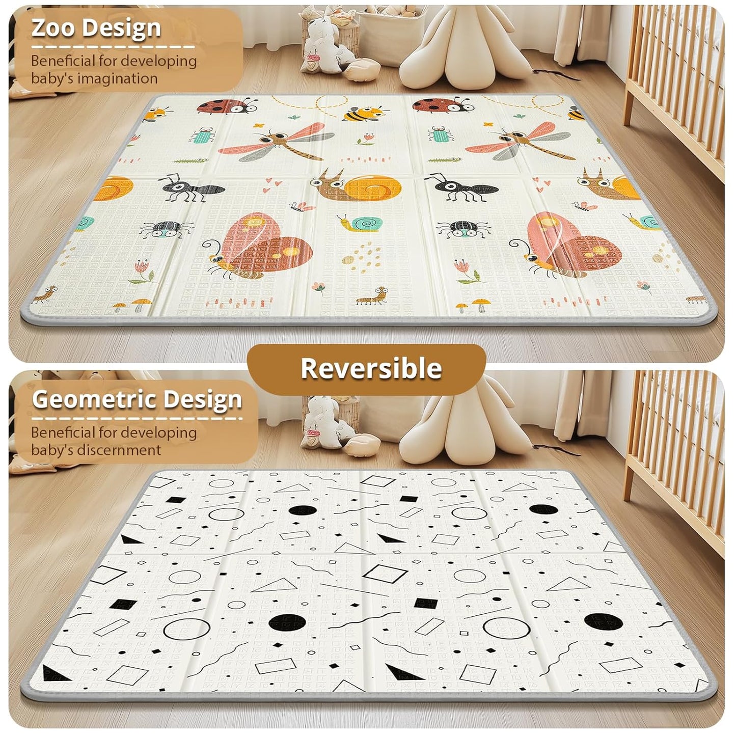Foldable Baby Play Mat, PIGLOG 0.6in Thick Waterproof Playmats for Babies and Toddlers Kids, Safe Foam Playmat for Tummy Time, 50x50 Playpen Mat, Reversible Portable Floor Mat for Infant, Dragonfly