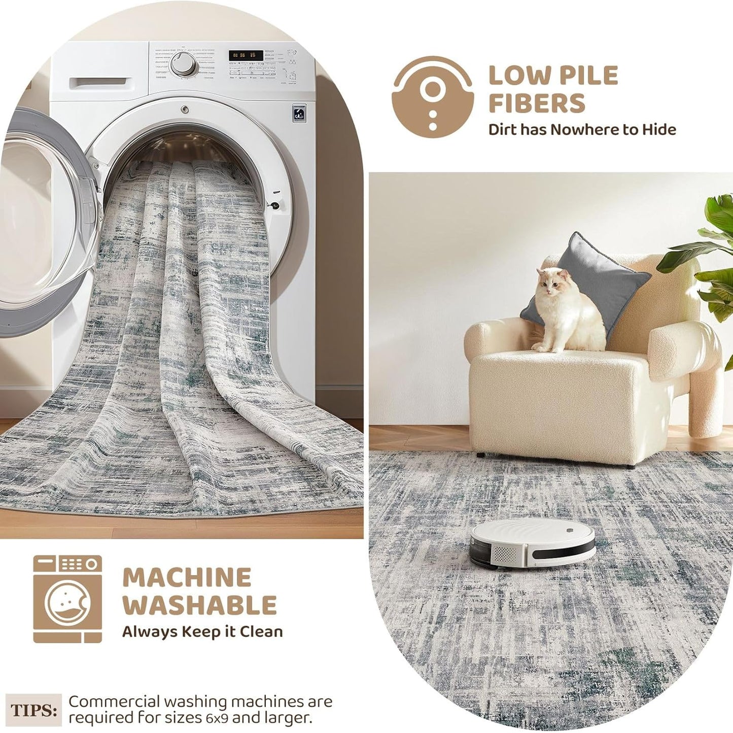 Area Rug for Living Room: 4x6 Washable Neutral Abstract Modern Soft Rugs Non Slip Indoor Floor Stain Resistant Carpet for Bedroom Dining Room Office Nursery - Gray