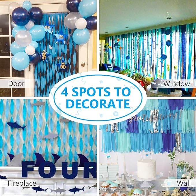 PartyWoo White and Blue Crepe Paper Streamers 4pcs 328ft Pack of Light Blue Pearl White Crepe Paper Streamers for Birthday Gender Reveal Baby Shower Graduation Pool Under The Sea Party Decorations