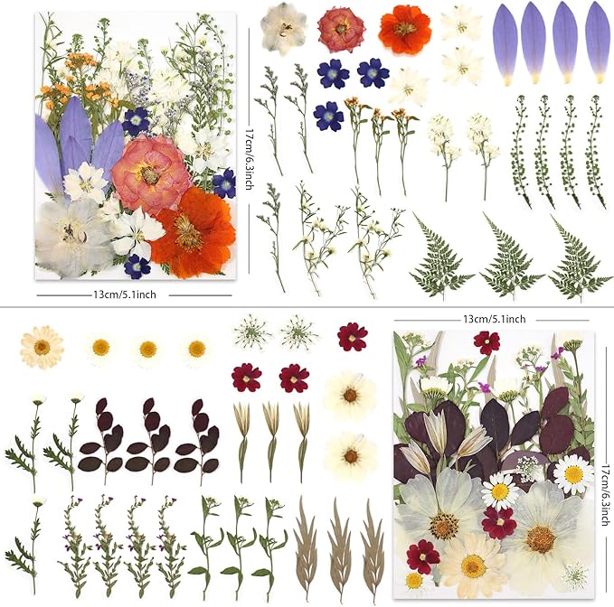 120P 4-Color Mixed Foliage Dried Flowers for Crafts, Real Natural Pressed Flowers for Resin Art, DIY Crafts, Jewelry & Candle Making – Tweezers Included