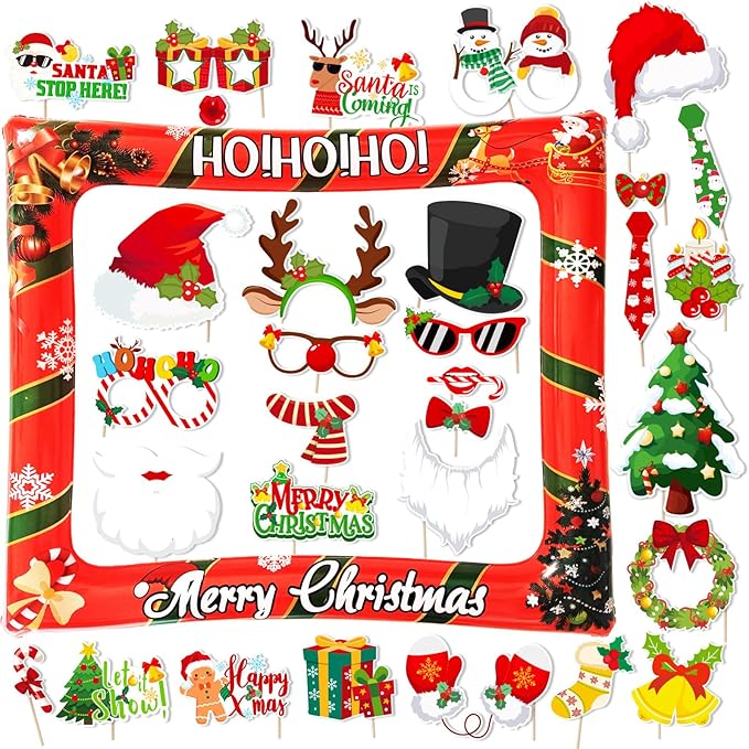 32 PCS Christmas Photo Props with Inflatable Selfie Photo Booth Frame - Funny Christmas Themed Photo Booth Selfie Frame Props for Adults Kids Red and Green Christmas Party Supplies Decorations