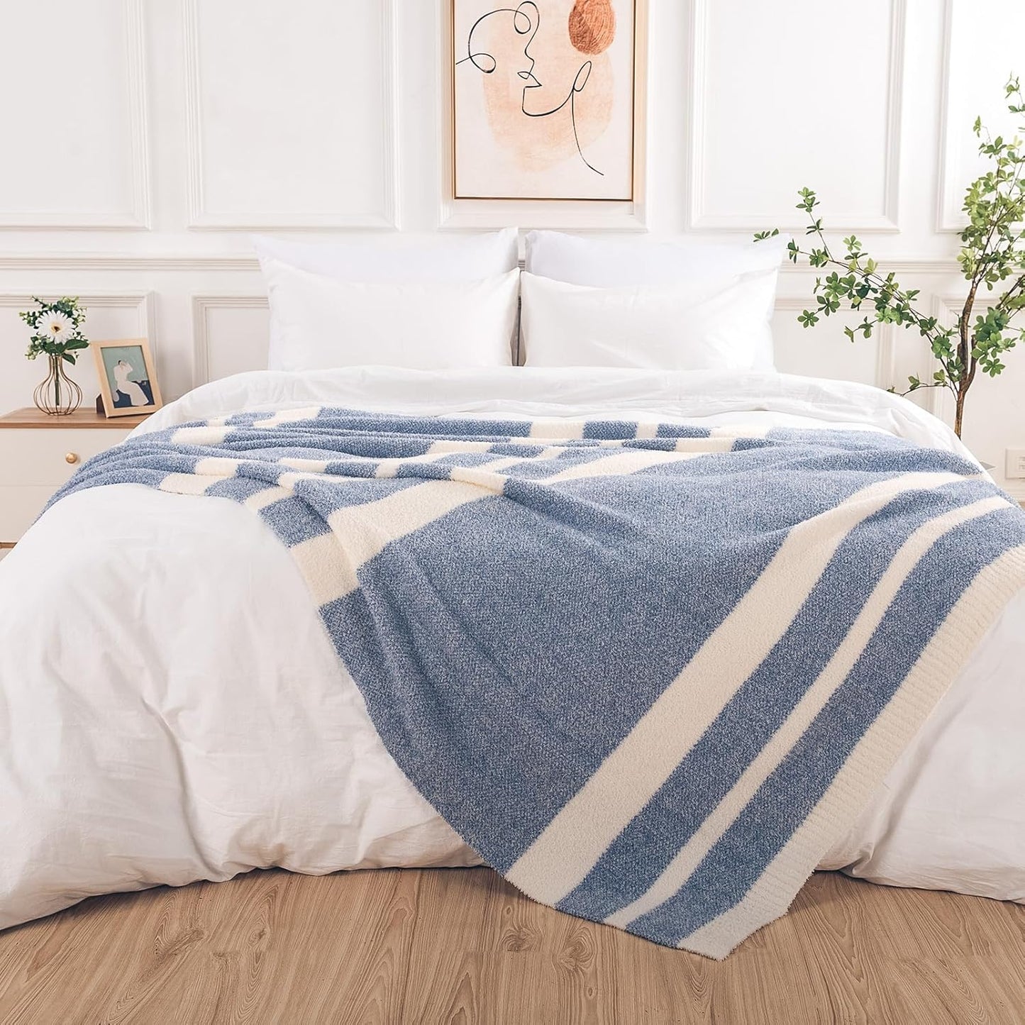 NEXHOME PRO Stripe Cozy Blanket, Knit Fuzzy Throw Blanket for Couch Bed Sofa Picnic, Ultra Soft Blankets for Women Gifts Blue 50 x 60 inches