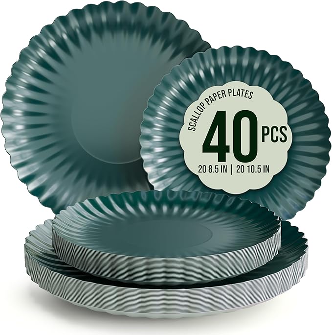 Trendables Scalloped Paper Plates 8.5 Inch & 10.5 Inch 40 Pcs Dinner Plate Set Fancy Disposable Plates for Party for 20 Guests 20 X 8 & 20 X 10 Large & Small Paper Plate Set for Parties Black Aqua