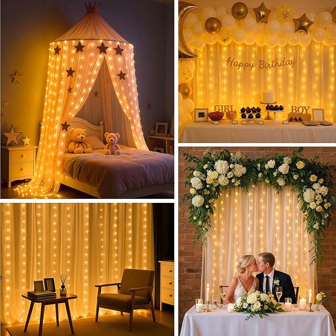 DomeStar 300 LED Curtain Lights for Bedroom, 9.8 x 9.8 FT Battery Operated Lights with 8 Modes Remote Christmas Hanging Wall Window Garden Decor (Warm White)