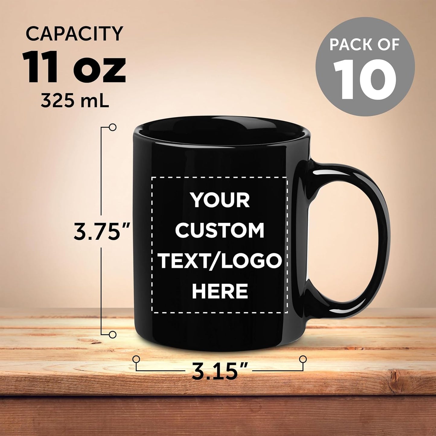 Custom Ceramic Coffee Mugs 11 oz. Set of 10, Personalized Bulk Pack - Coffee cup set, Iced coffee cup, Gaming mug - Black