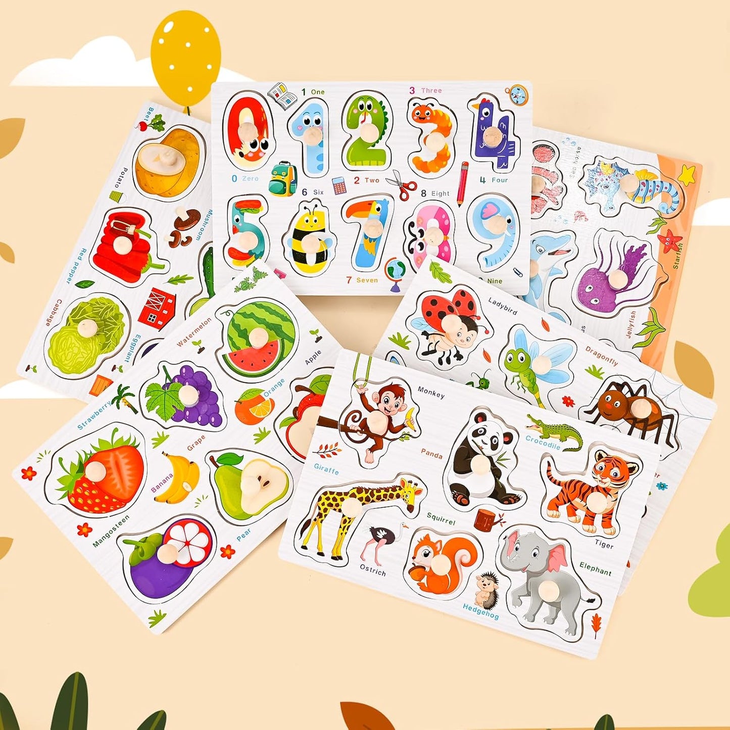 Wooden Peg Puzzles for Toddlers 1-3, 6 PCS Puzzles for Kids, Montessori Toddler Numbers, Vegetables, Fruits, Insects, Sea and Animals Puzzles, Great Preschool Gifts for Girls and Boys