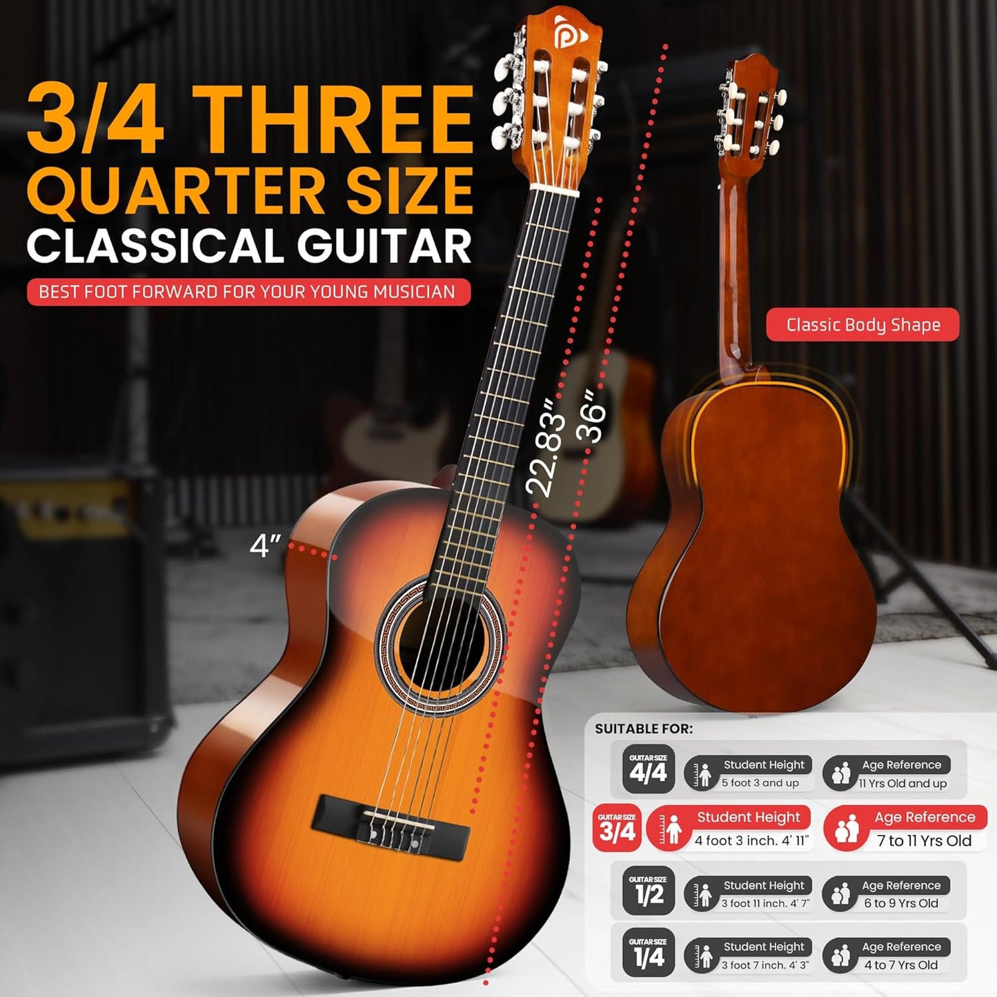 Pyle Beginner Acoustic Guitar Kit, 3/4 Junior Size All Wood Build Nylon Stringed Instrument with Strap, Extra String Set, Gig Bag, Guitars for Beginners Adults Youth, 36" Sunburst Gloss