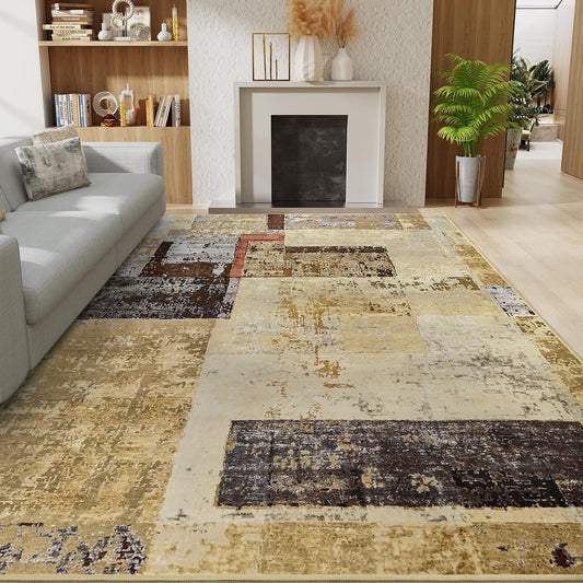 LOCHAS Rug for Living Room, Washable Soft Area Rugs for Bedroom 6x9, Abstract Carpet for Indoor Office Kids Dining Room Nursery Floor, Khaki Geometric Vintage Home Decor, Non Slip, Pet Child Friendly