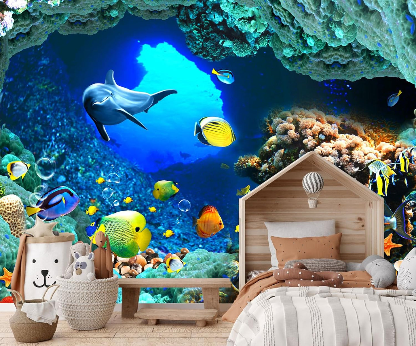 The Undersea World Wallpaper Ocean Dolphin Fish Wall Mural Large Wall Decor for Living Room Bedroom Dining Room(Not Self-Adhesive)