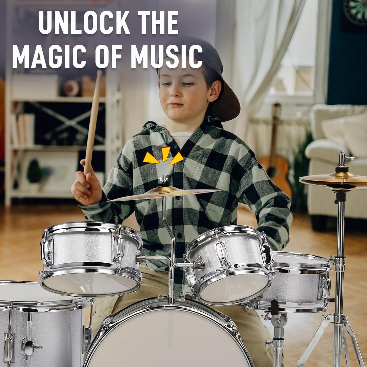 Ktaxon 5-Piece Complete Junior Drums Set, 14 Inch Beginners Drum Kit with Throne Stool, Pedal & Drumsticks, Kids Drums Musical Instruments W/Cymbal, Hi-Hat, Floor, Tom and Snare Drum (Silver)