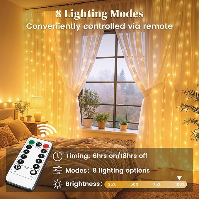 DomeStar 300 LED Curtain Lights for Bedroom, 9.8 x 9.8 FT Battery Operated Lights with 8 Modes Remote Christmas Hanging Wall Window Garden Decor (Warm White)