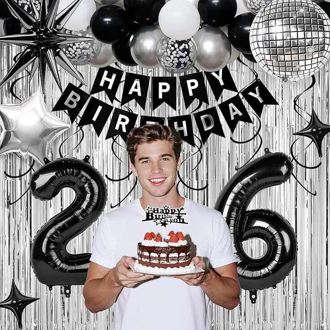 26th Birthday Decorations for Men Women, Black Silver Happy Birthday Party Decorations， 26 Year Old Party Supplies with Number 26 Balloons, Banner, Fringe Curtains Kit