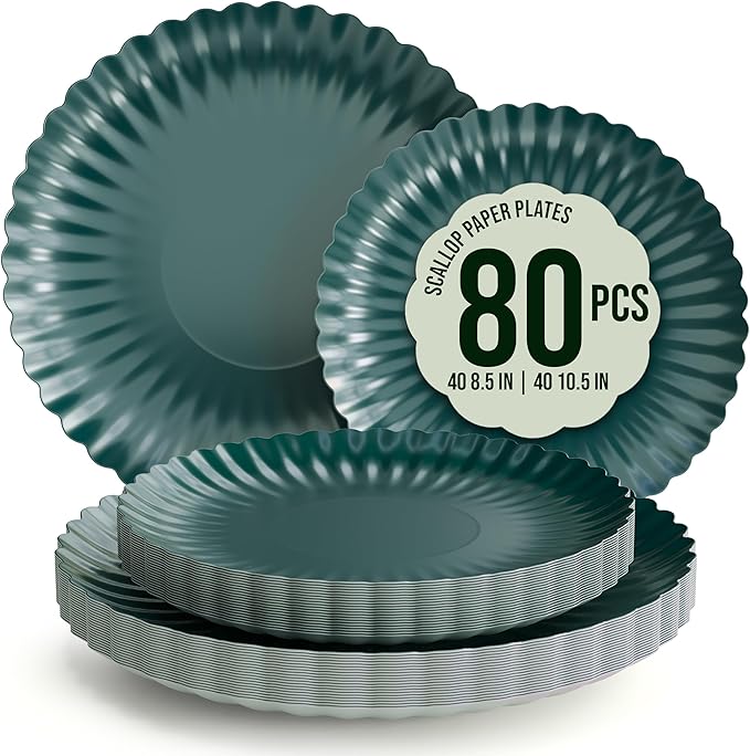 Trendables Scalloped Paper Plates 8.5 Inch & 10.5 Inch 80 Pcs Dinner Plate Set Fancy Disposable Plates for Party for 40 Guests 40 X 8 & 40 X 10 Large & Small Paper Plate Set for Parties Black Aqua