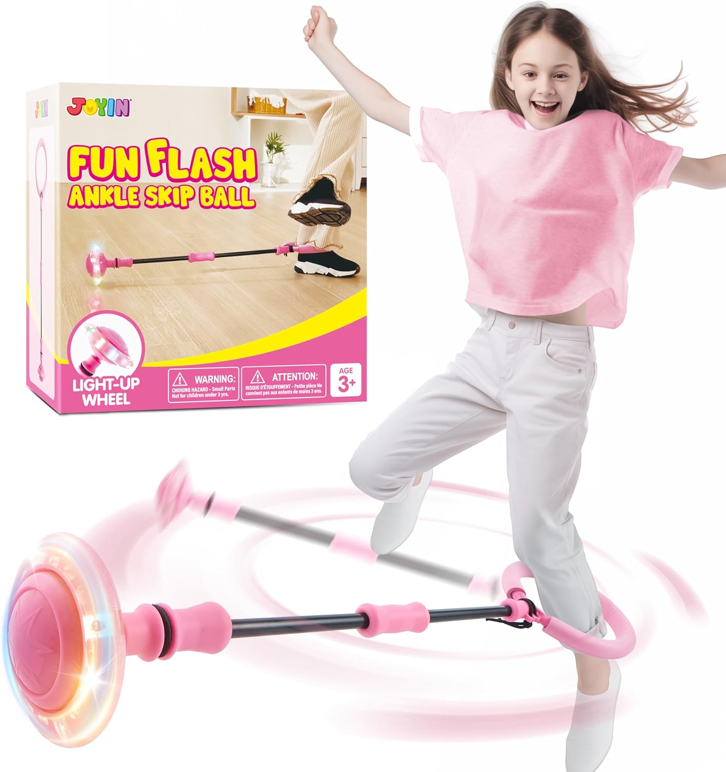 JOYIN Pink Ankle Skip Ball with Flashing Lights, Toy for Kids Indoor & Outdoor, Flashing Swing Ball Foldable Sports Toy, Birthday Gifts for Kids 3 4 5 +